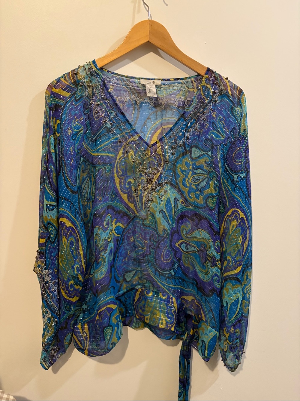 Vintage CACHE Blue SILK Sheer Paisley V-Neck Lightweight Blouse - L